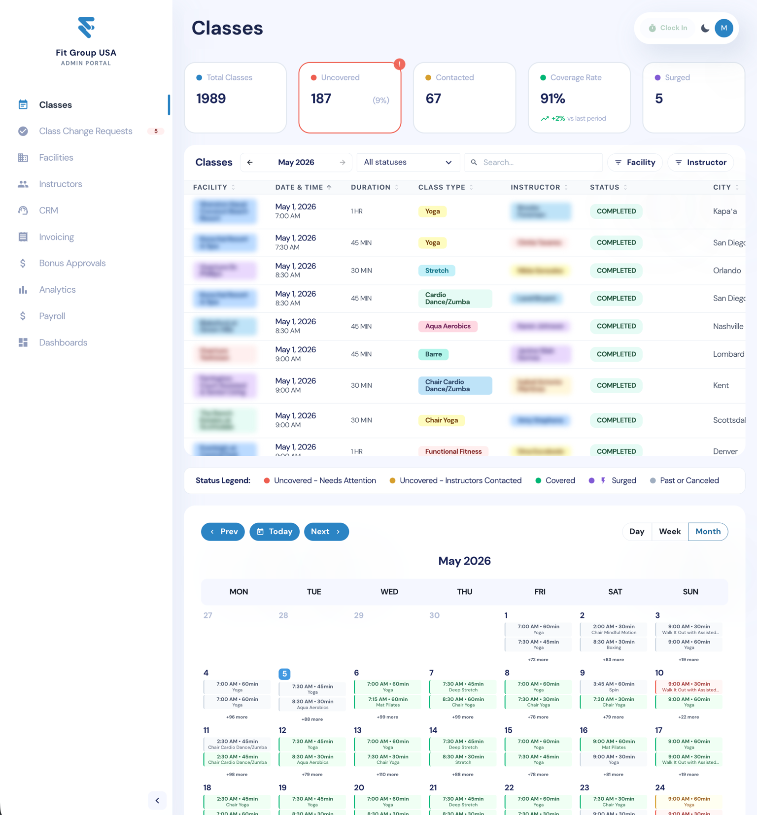 Fit Group USA admin portal showing classes and scheduling
